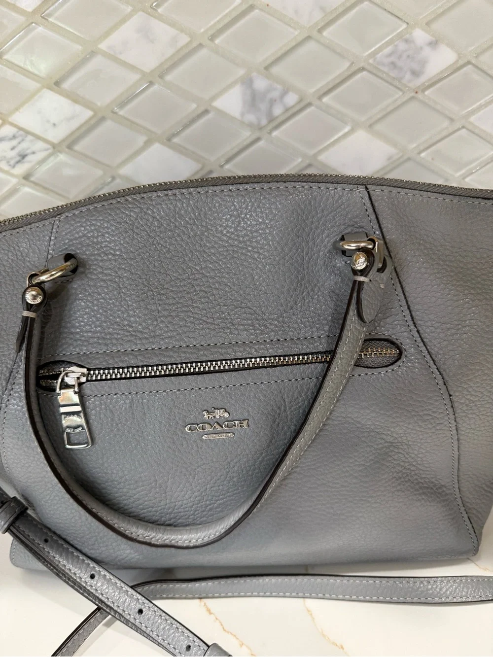 Coach Gray Pebbled Satchel Top Handle Bag w/ Detachable Strap & Wristlet